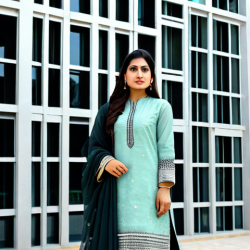 **

"A professional female architect of Pakistani descent, fully clothed in a modest shalwar kameez, stands confidently in front of a modern building design featuring intricate jali work, appropriate attire, safe for work, perfect anatomy, natural proportions, professional architecture photography, high quality"

**