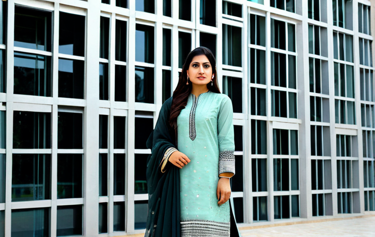 **

"A professional female architect of Pakistani descent, fully clothed in a modest shalwar kameez, stands confidently in front of a modern building design featuring intricate jali work, appropriate attire, safe for work, perfect anatomy, natural proportions, professional architecture photography, high quality"

**