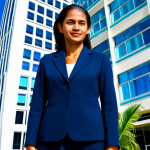 **

"A professional businesswoman in a modest, dark blue business suit, standing confidently in front of a modern glass office building in Victoria, Mahe, Seychelles. The scene is bright and sunny, with clear blue skies. She is fully clothed, appropriate attire, safe for work. Perfect anatomy, correct proportions, natural pose, well-formed hands, proper finger count, natural body proportions, professional photography, high quality."

**