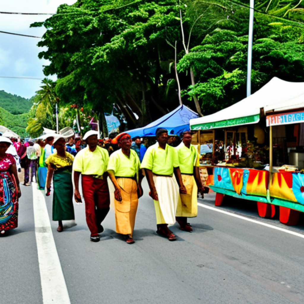 "A vibrant street scene during the Festival Kreol in Seychelles. People are fully clothed in colorful, traditional Creole attire, enjoying music and dance. Food stalls line the street. Safe for work, appropriate content, professional photography, perfect anatomy, natural proportions, fully clothed, modest clothing."