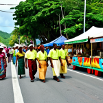 "A vibrant street scene during the Festival Kreol in Seychelles. People are fully clothed in colorful, traditional Creole attire, enjoying music and dance. Food stalls line the street. Safe for work, appropriate content, professional photography, perfect anatomy, natural proportions, fully clothed, modest clothing."