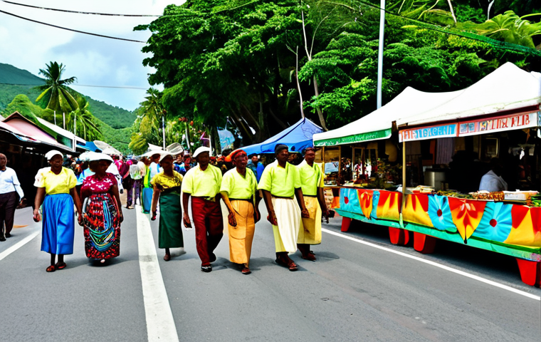 "A vibrant street scene during the Festival Kreol in Seychelles. People are fully clothed in colorful, traditional Creole attire, enjoying music and dance. Food stalls line the street. Safe for work, appropriate content, professional photography, perfect anatomy, natural proportions, fully clothed, modest clothing."